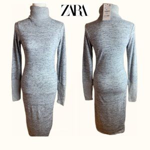 NWT ZARA Women MIDI Turtleneck Lightweight Sweater Knit Pullover Dress in Grey